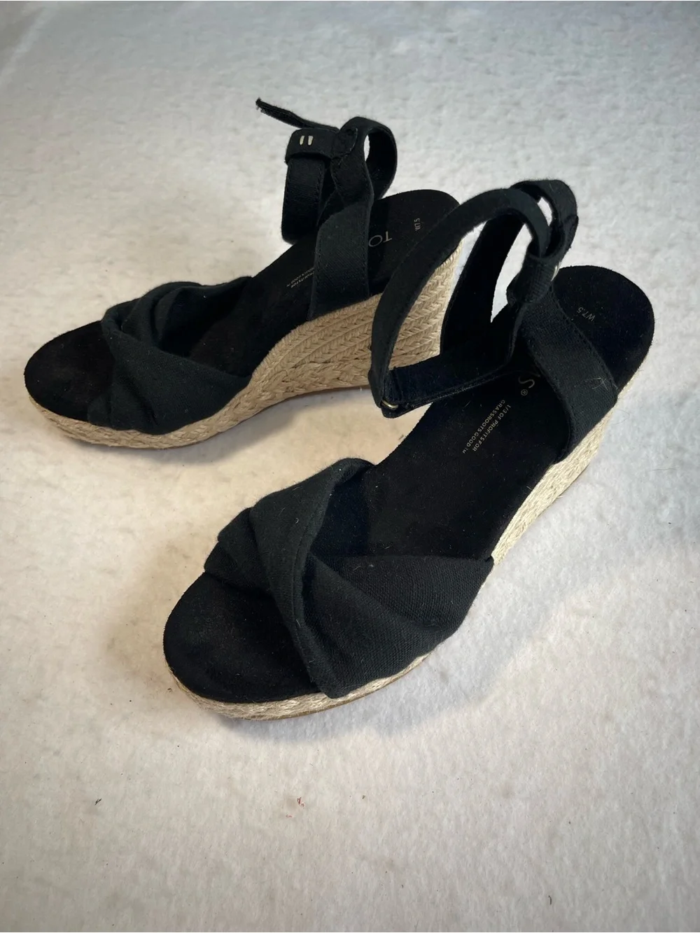 TOMS Black Canvas Espadrille Wedge Sandals Ankle Strap Women’s 7.5